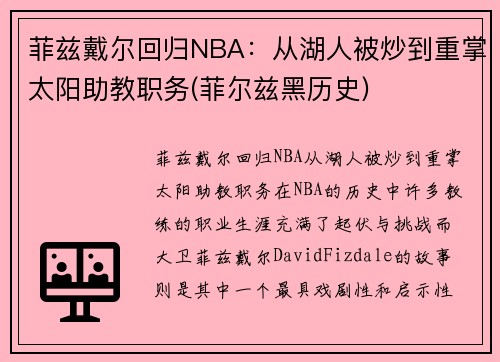 菲兹戴尔回归NBA：从湖人被炒到重掌太阳助教职务(菲尔兹黑历史)