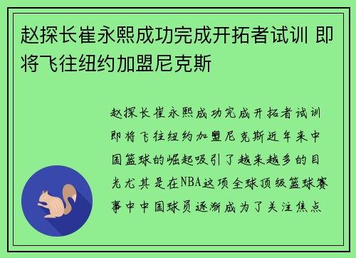 赵探长崔永熙成功完成开拓者试训 即将飞往纽约加盟尼克斯